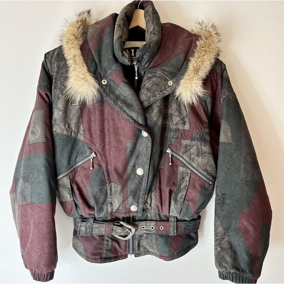 Vtg NILS‎ Coat Ski Jacket W/Fur Hood Sz 8 Petite Burgundy Green 80's Zip - Picture 1 of 11